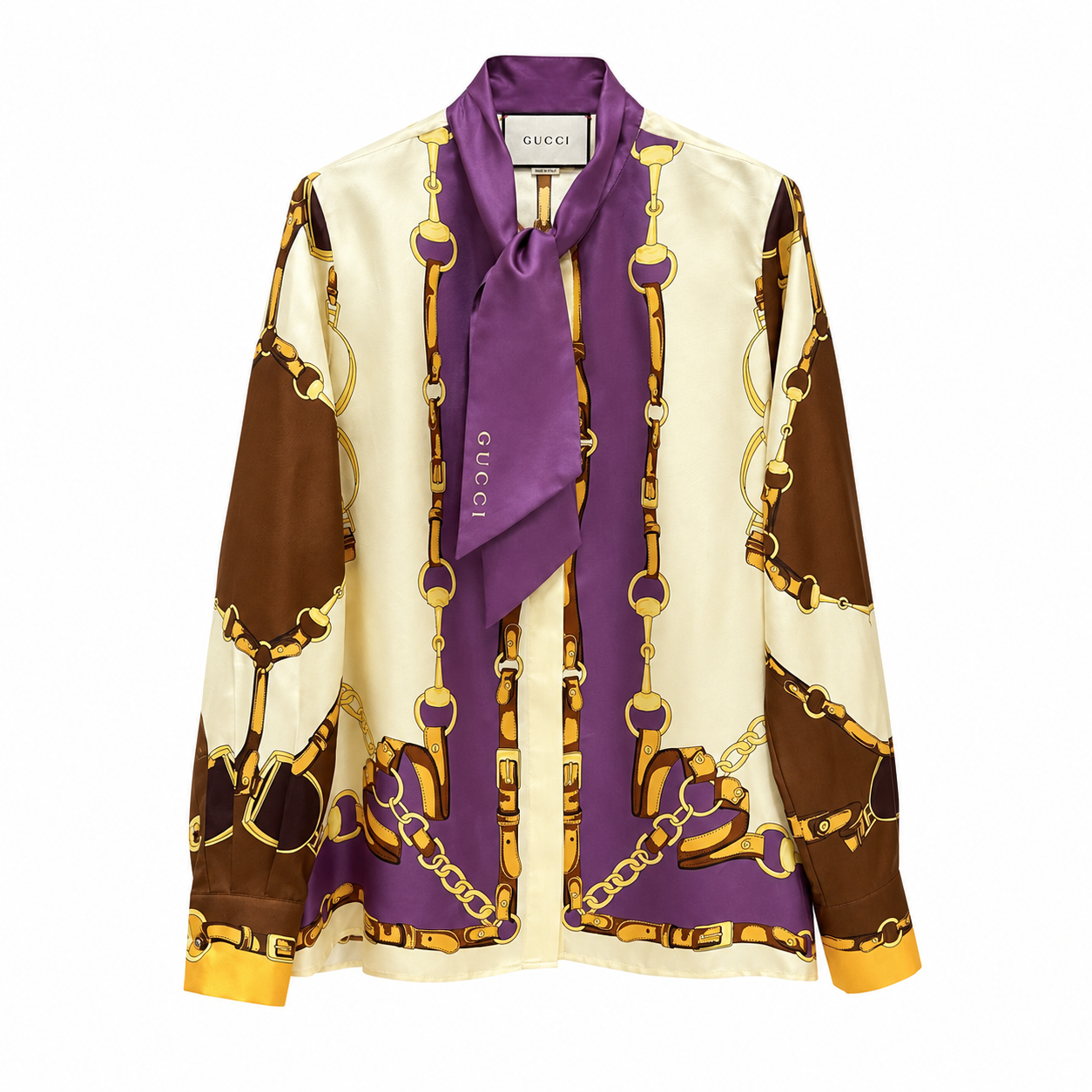 GUCCI - Camicia in Twill di Seta con Stampa Equestre e Fiocco Lavallière